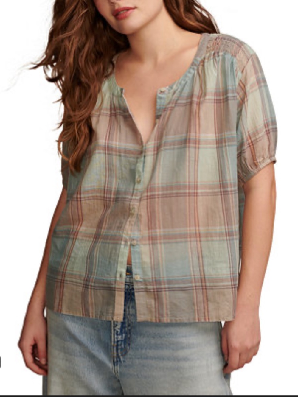 Lucky Brand Pastel Plaid Short-Sleeve Smocked-Shoulder Blouse